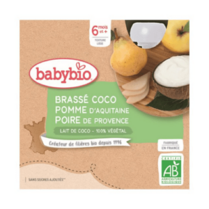 BABYBIO Brassé kokosové mlieko jablko a hruška desiata od ukonč. 6. mesiaca 4x85 g 340 g