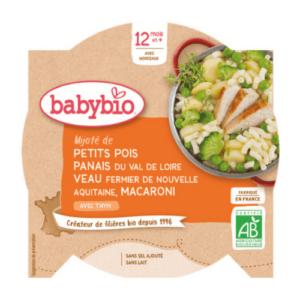 BABYBIO Hrášok paštrnák teľacie mäso s makarónmi príkrm menu od ukonč. 12. mesiaca 230 g