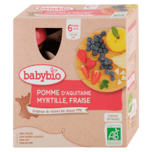 BABYBIO Jablko čučoriedky jahody ovocný príkrm od ukonč. 6. mesiaca 4 x 90 g