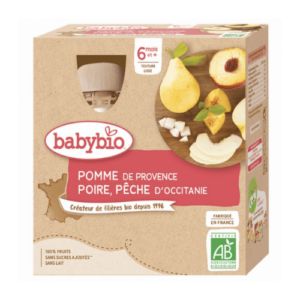 BABYBIO Jablko hruška broskyňa ovocný príkrm od ukonč. 6. mesiaca 4 x 90 g