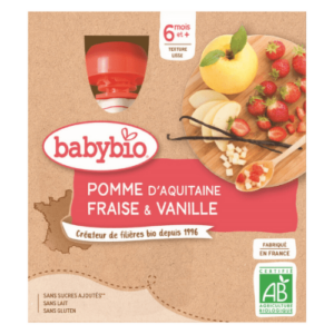 BABYBIO Jablko jahoda vanilka ovocný príkrm od ukonč. 6. mesiaca 4 x 90 g