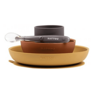 NATTOU Set jedálenský silikonový bez BPA hnedo-terakotový 4 ks