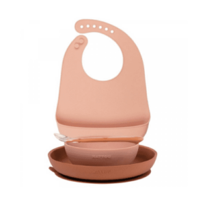 NATTOU Set jedálenský silikónový s podbradníkom ružový 4 ks