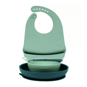 NATTOU Set jedálenský silikónový s podbradníkom zelený 4 ks